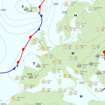 Frontenkarte vom 1. Juni 2021 14h. Das noch wetterbestimmende Hoch über Skandinavien zieht allmählich Richtung Nordosten ab. Dabei lässt auch die Bisenströmung in den unteren Luftschichten langsam nach. Gleichzeitig führt ein Tief über dem nahen Atlantik aus Südwesten zunehmend wärmere, aber feuchtere Luft zum Alpenraum. Quelle: MeteoSchweiz.